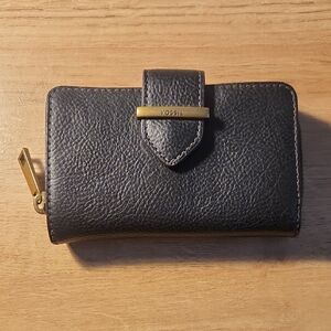 Fossil Black Leather Wallet with Gold Accents